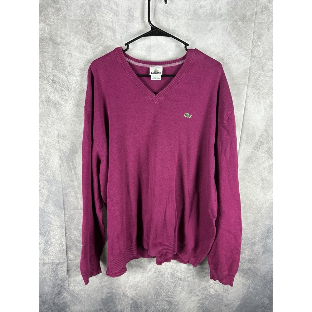 Lacoste Sweater Mens 8 3XL Pink Purple V Neck 100 Cotton Knit Pullover Croc Logo